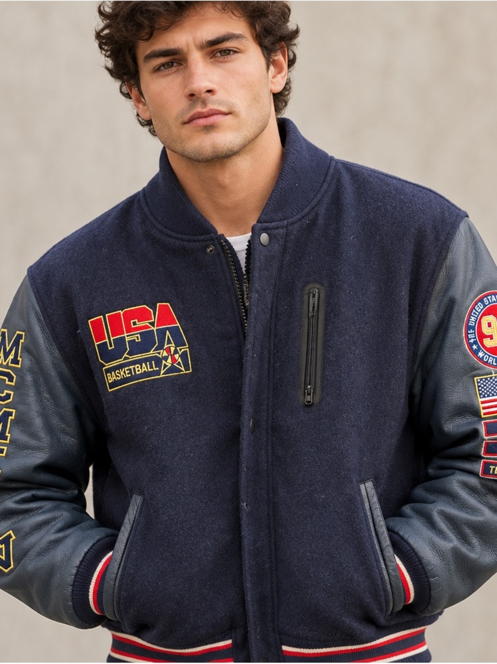 Nike Navy Wool Varsity Bomber Jacket with Red & Yellow USA Patches